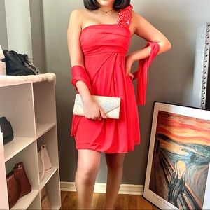Coral Cocktail Dress with Shawl